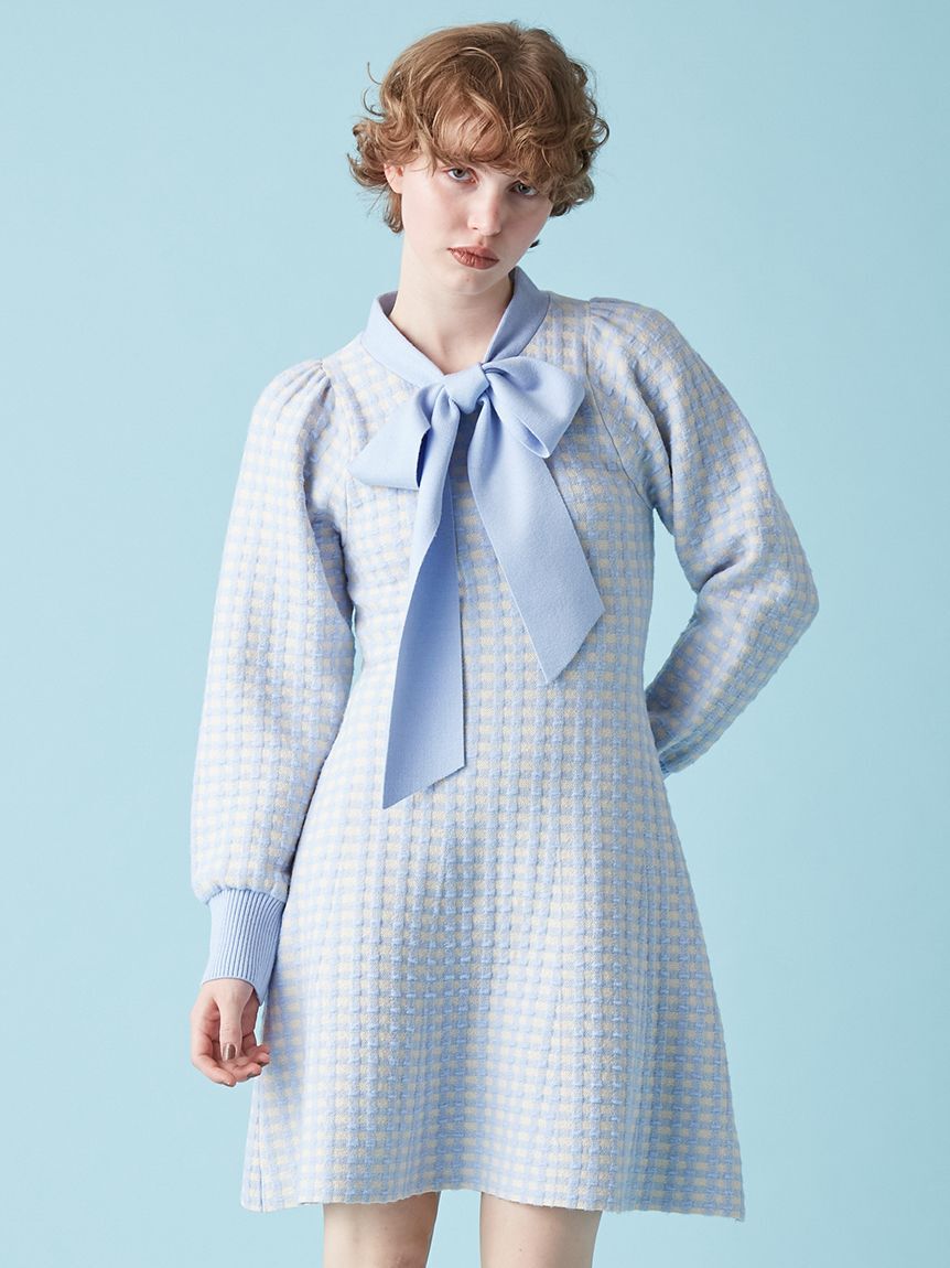FURFUR「ボウタイギンガムニットワンピース」|ワンピース|