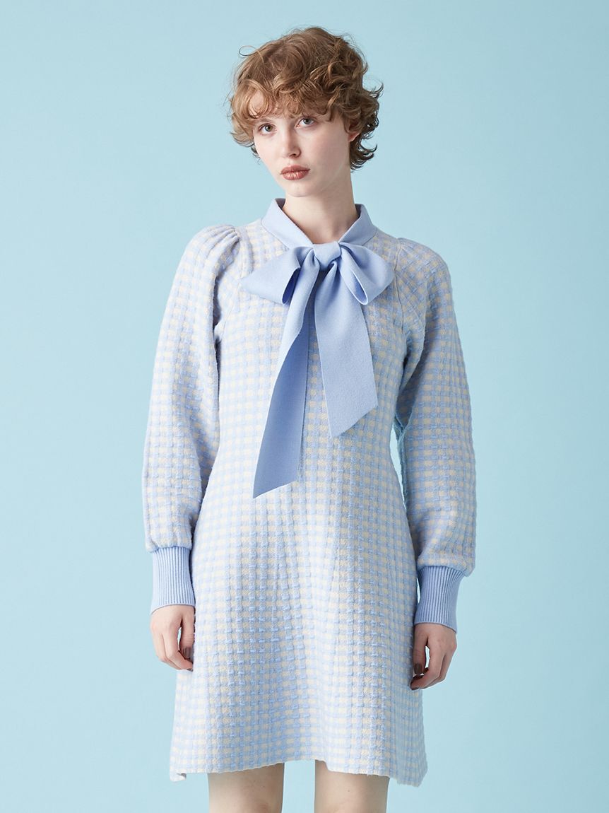 FURFUR「ボウタイギンガムニットワンピース」|ワンピース|
