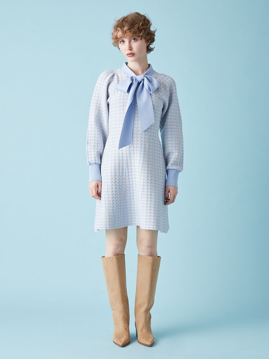 FURFUR「ボウタイギンガムニットワンピース」|ワンピース|