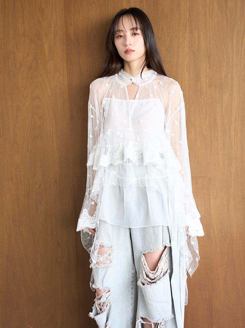 SNIDEL「チュールエンブロイダリーレースブラウス」|シャツ・ブラウス|