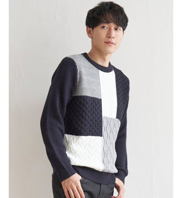 ikka「ブロックスジャガードニット」|プルオーバー|ネイビー
