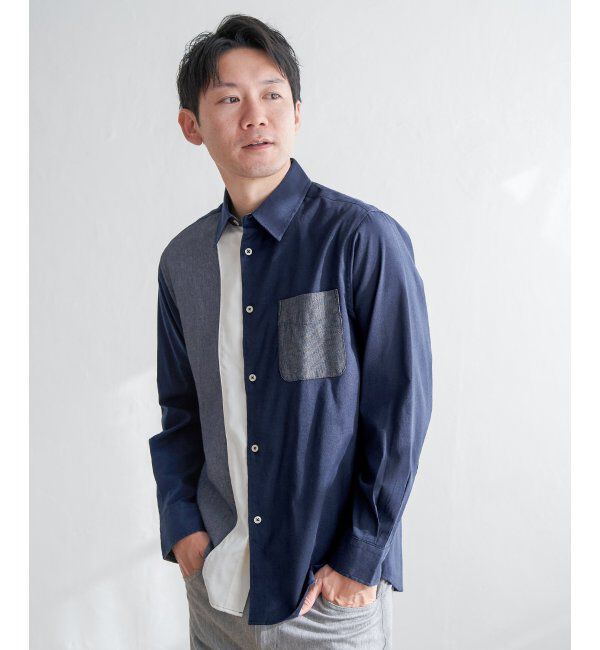 ikka「ブロックスパイピング切り替えシャツ」|シャツ・ブラウス|ネイビーブルー