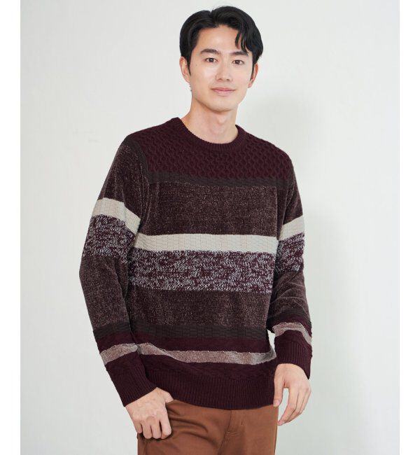 ikka「モールミックスボーダーニット」|プルオーバー|ワイン