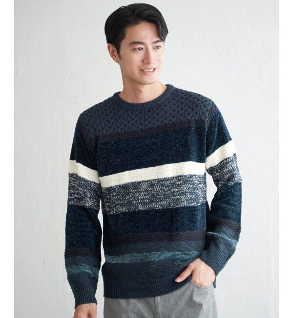 ikka「モールミックスボーダーニット」|プルオーバー|ネイビーブルー