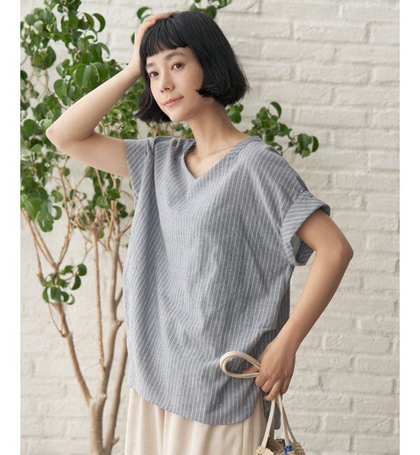 Lbc with Life「コットンPU袖ロールアップブラウス」|シャツ・ブラウス|ネイビーブルー