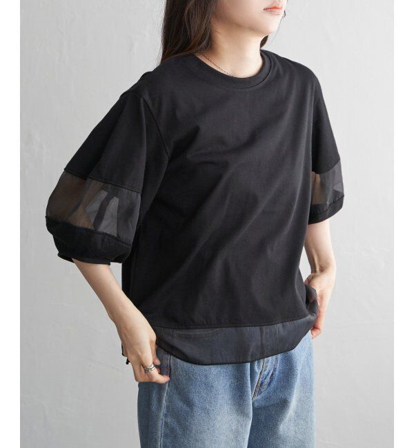 VENCE share style「袖オーガンジー切り替えプルオーバー」|その他|ブラック