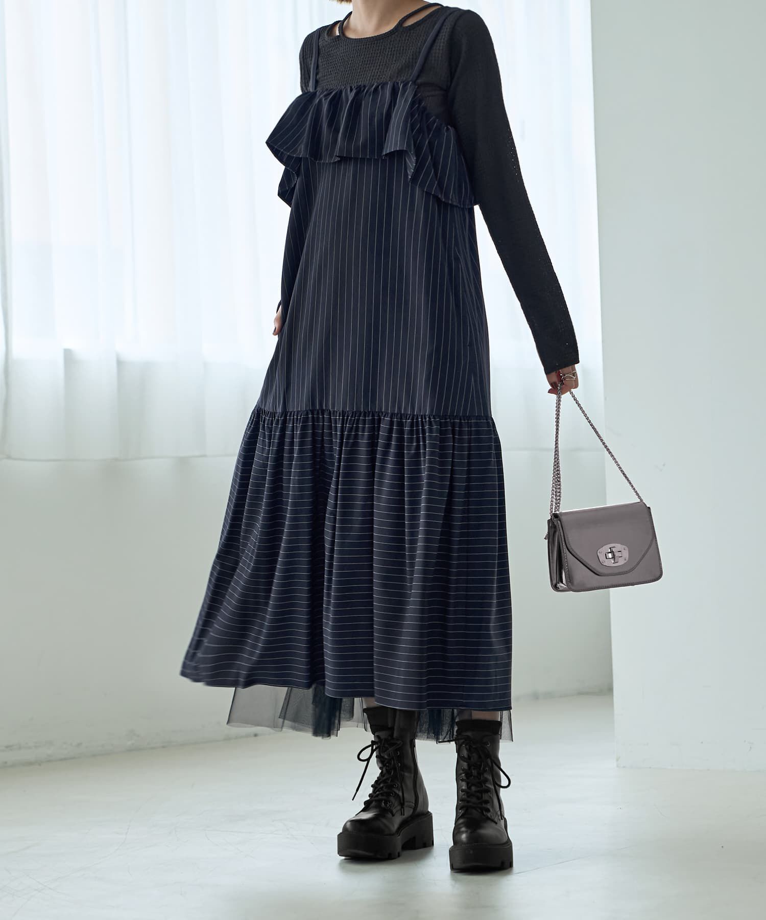 STYLE DELI「ピンストライプ柄キャミ型ジャンパースカート」|ワンピース|ネイビー