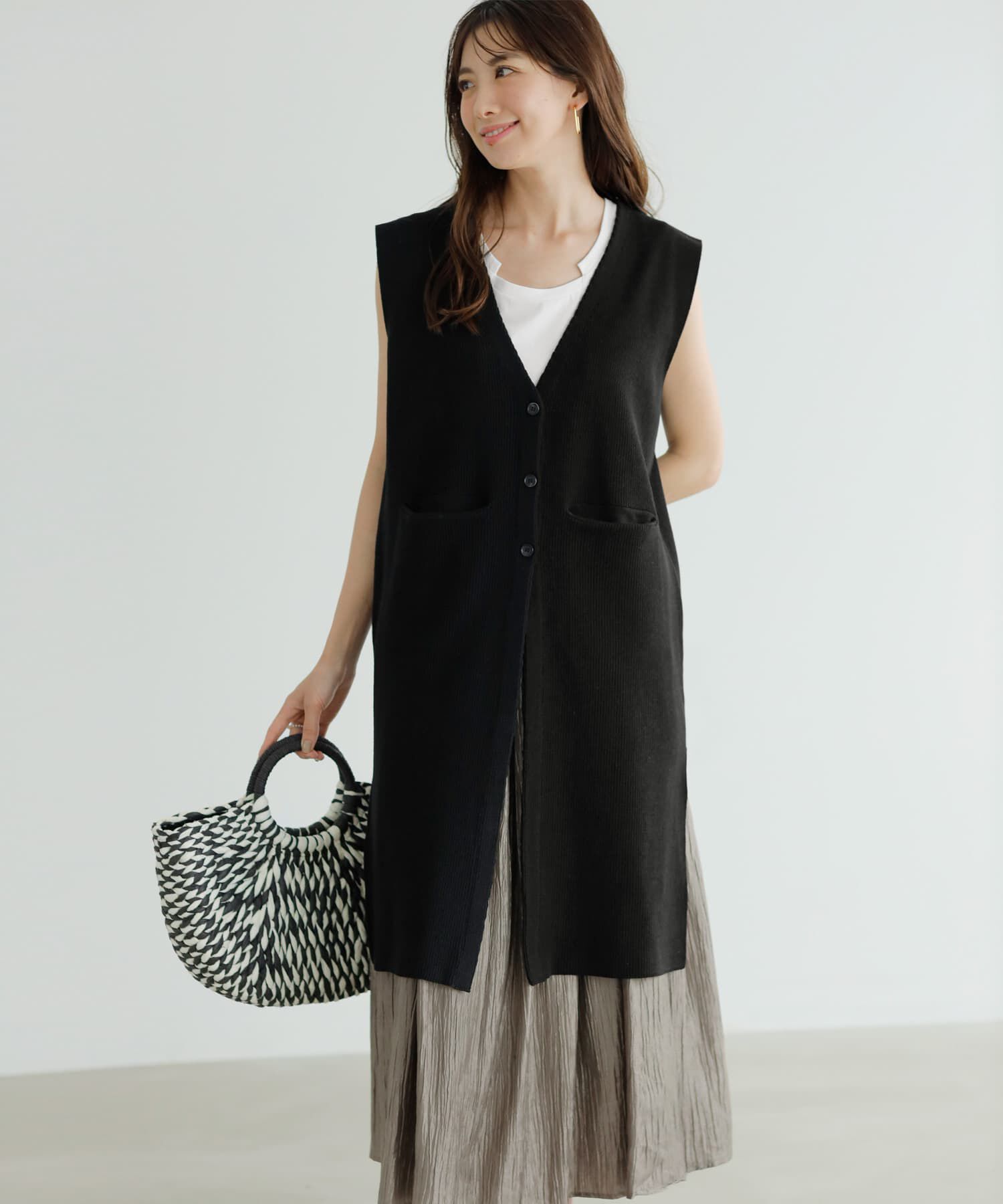 STYLE DELI「片畦編みサマーニットロングベスト」|ベスト・ジレ|ブラック