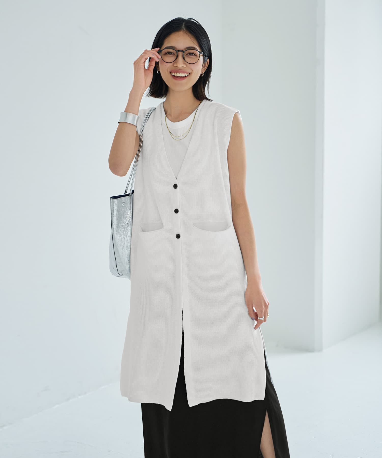 STYLE DELI「片畦編みサマーニットロングベスト」|ベスト・ジレ|ホワイト