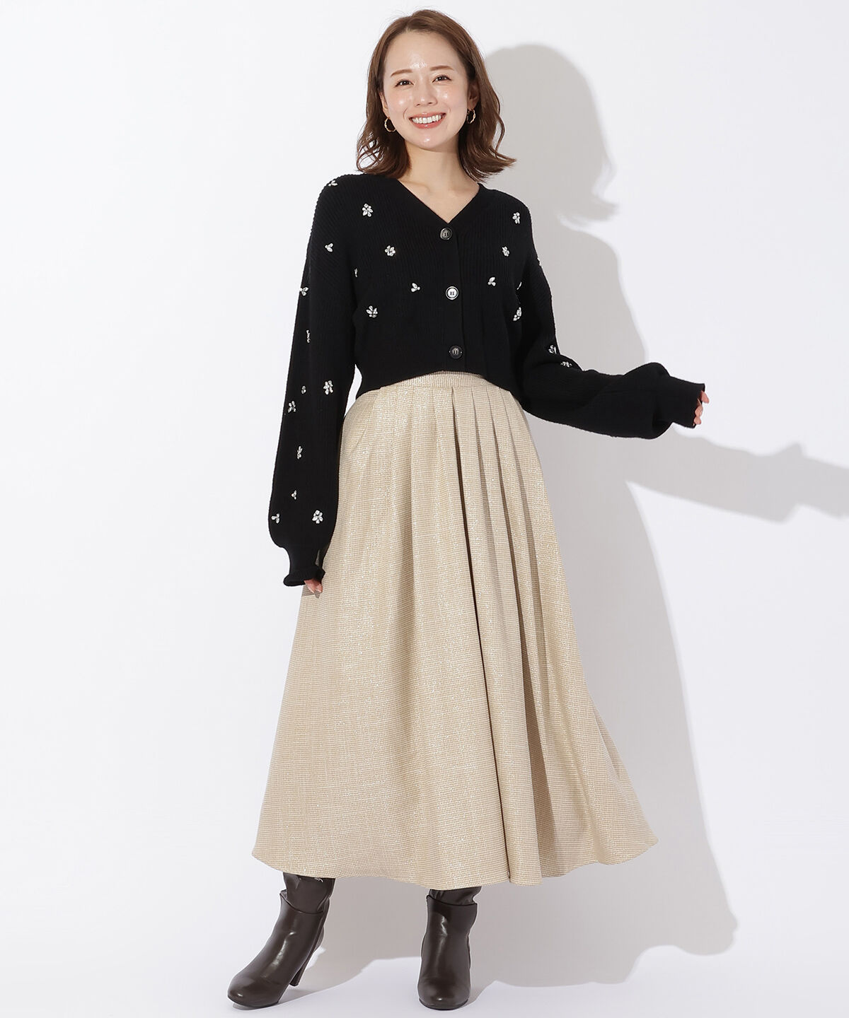 アンドクチュール「ラメツィードフレスカート」|フレア|ベージュ