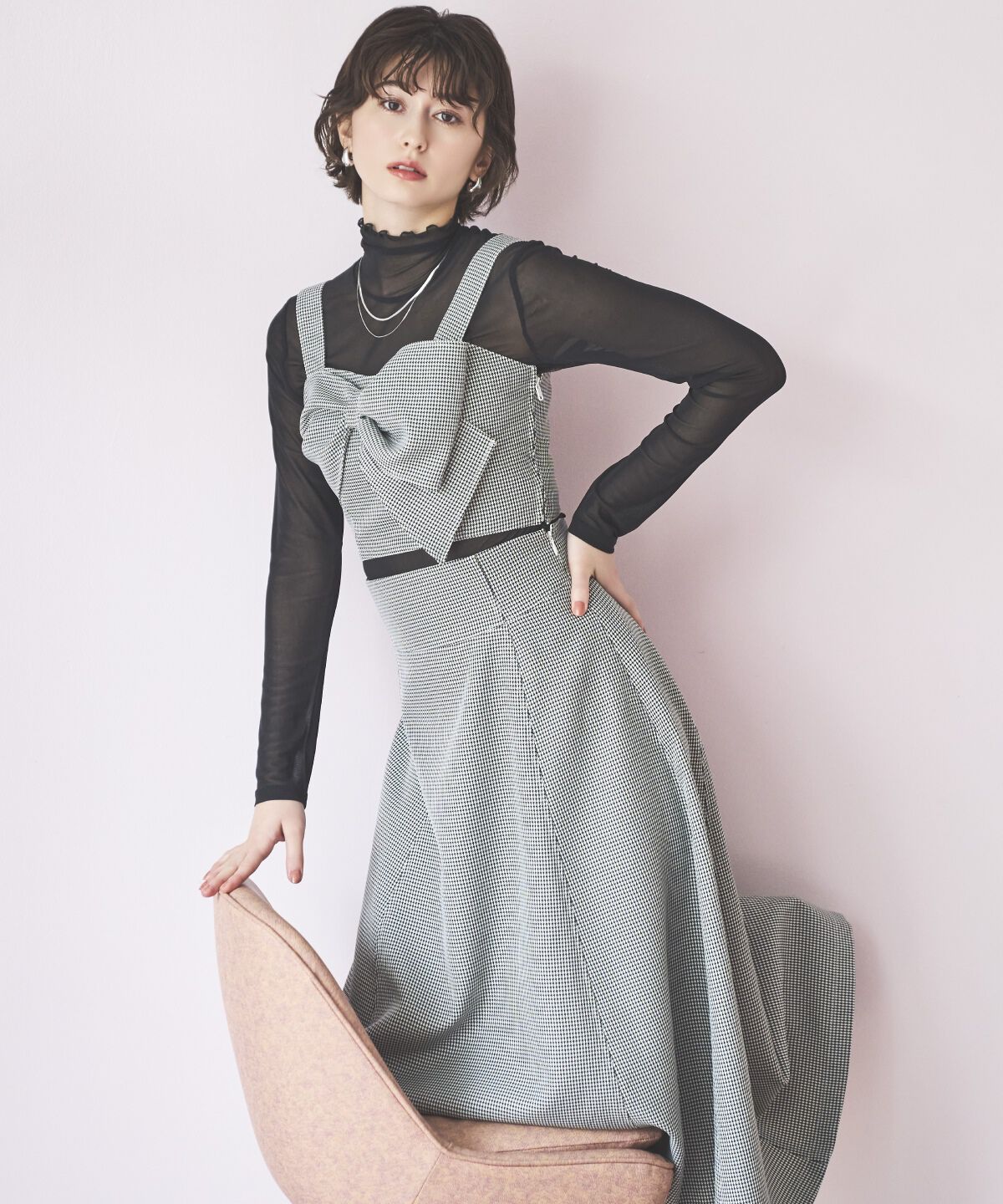 アンドクチュール「千鳥柄クラシカルリボンセットアップ」|ワンピース|