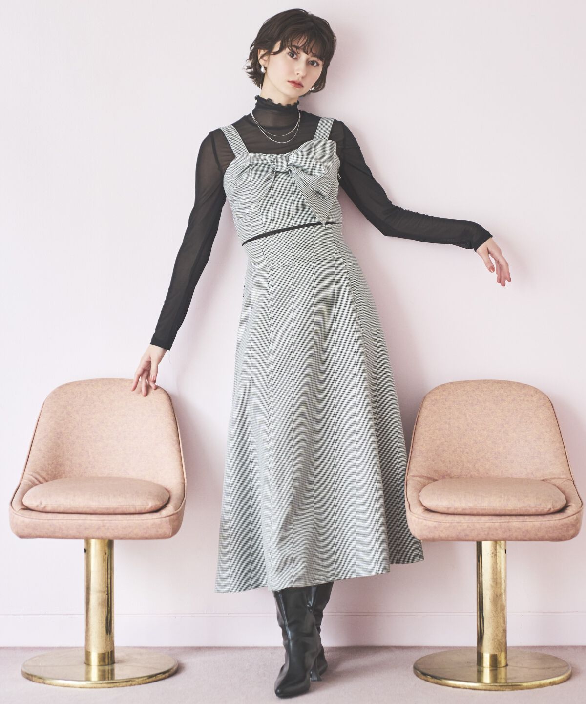 アンドクチュール「千鳥柄クラシカルリボンセットアップ」|ワンピース|