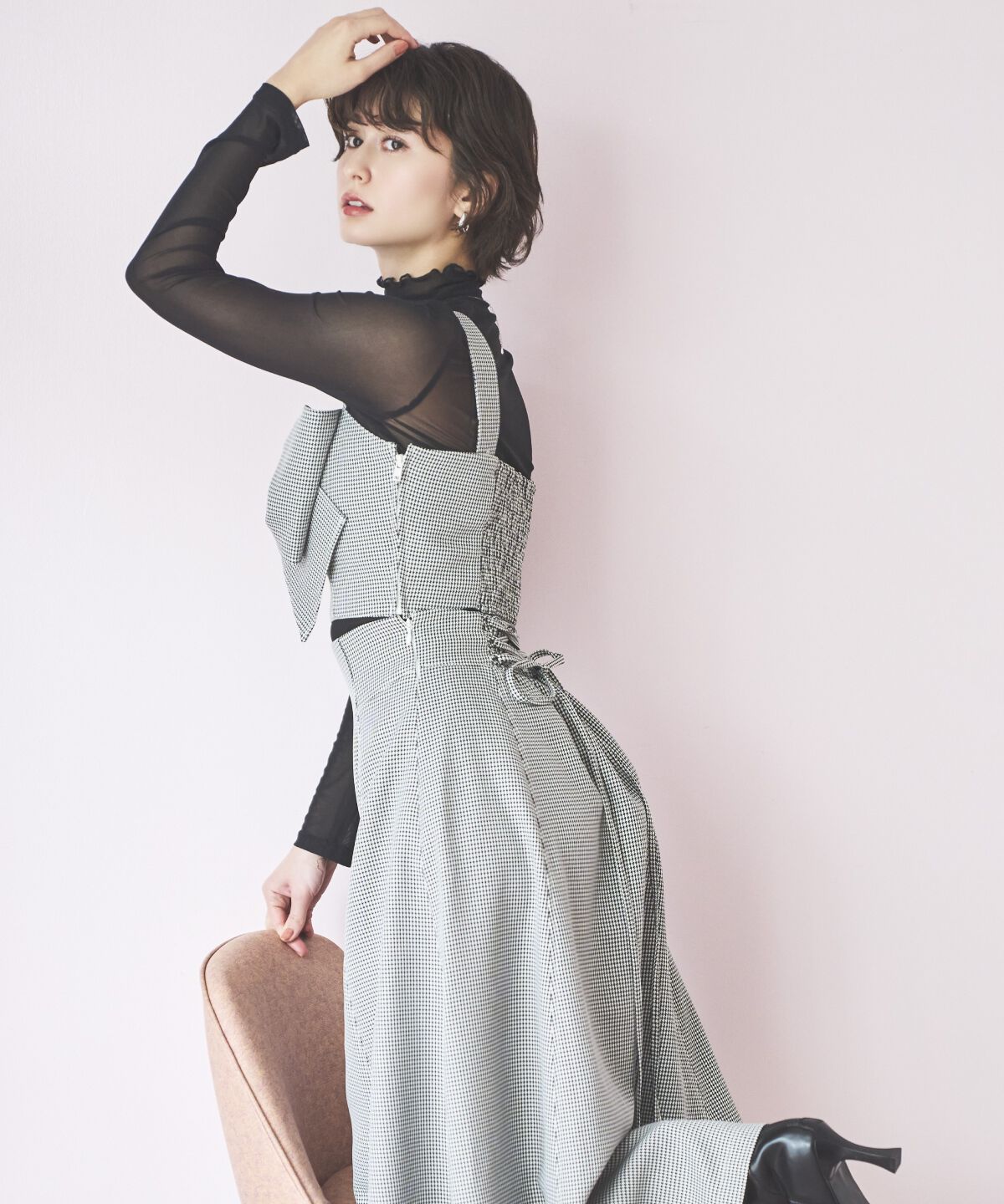 アンドクチュール「千鳥柄クラシカルリボンセットアップ」|ワンピース|