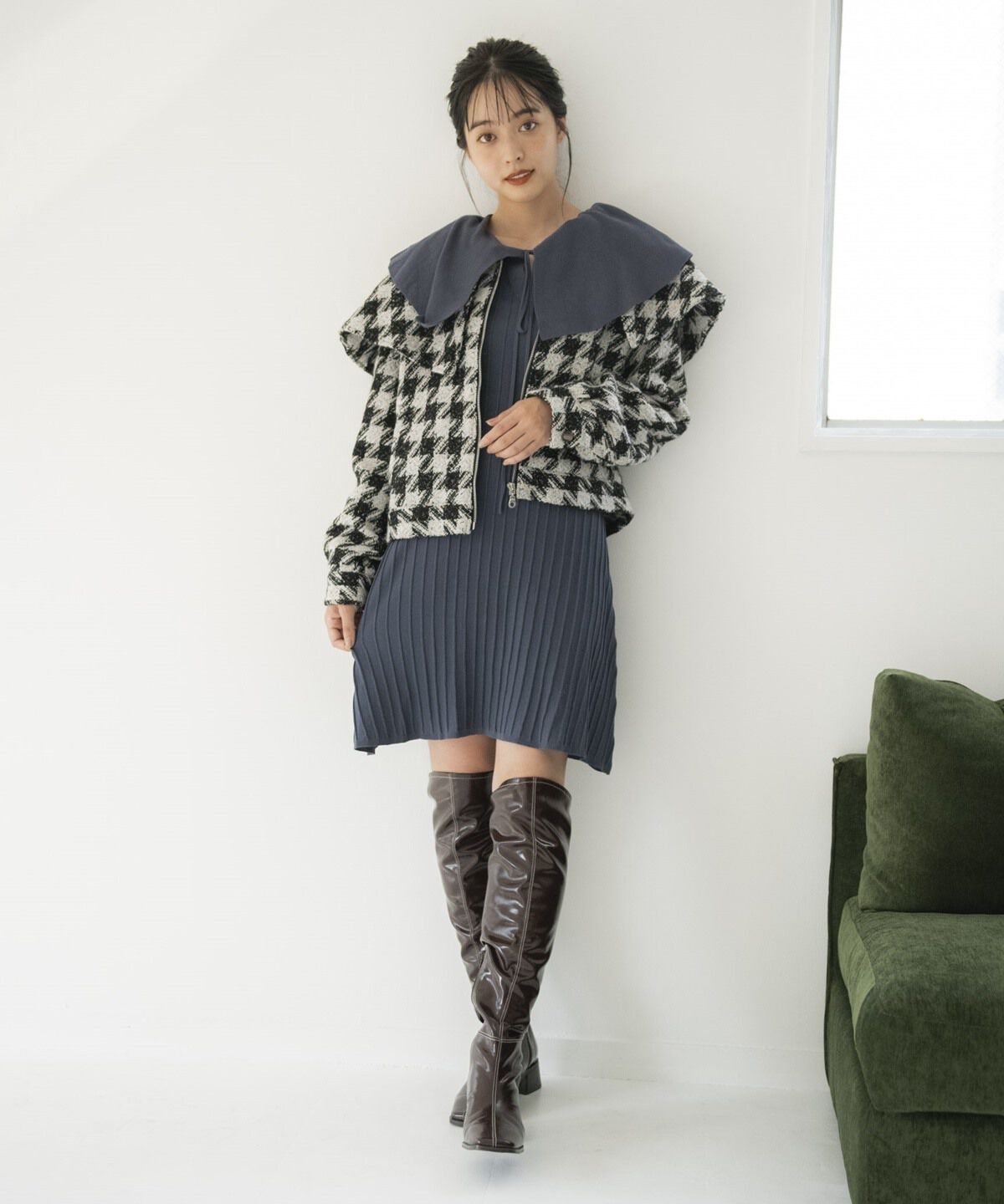 REDYAZEL「ニットフリル襟ミニワンピース」|ワンピース|