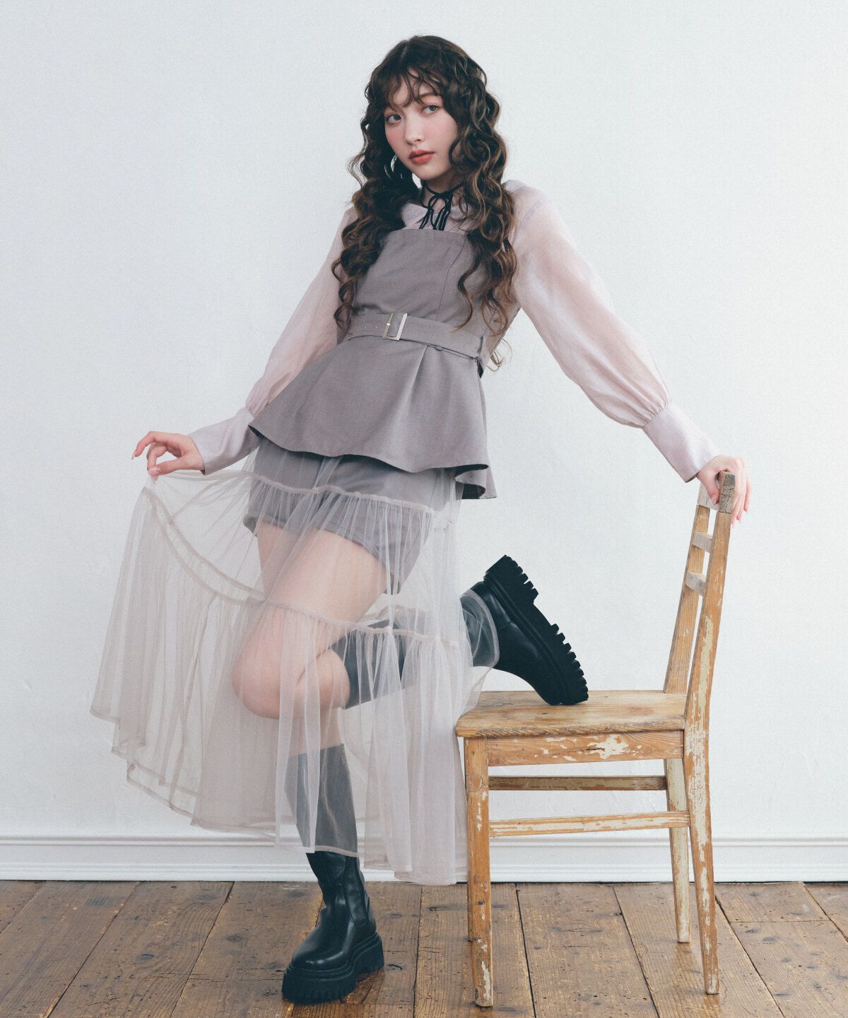 REDYAZEL「シャツドッキングベアワンピース」|ワンピース|ライトグレー