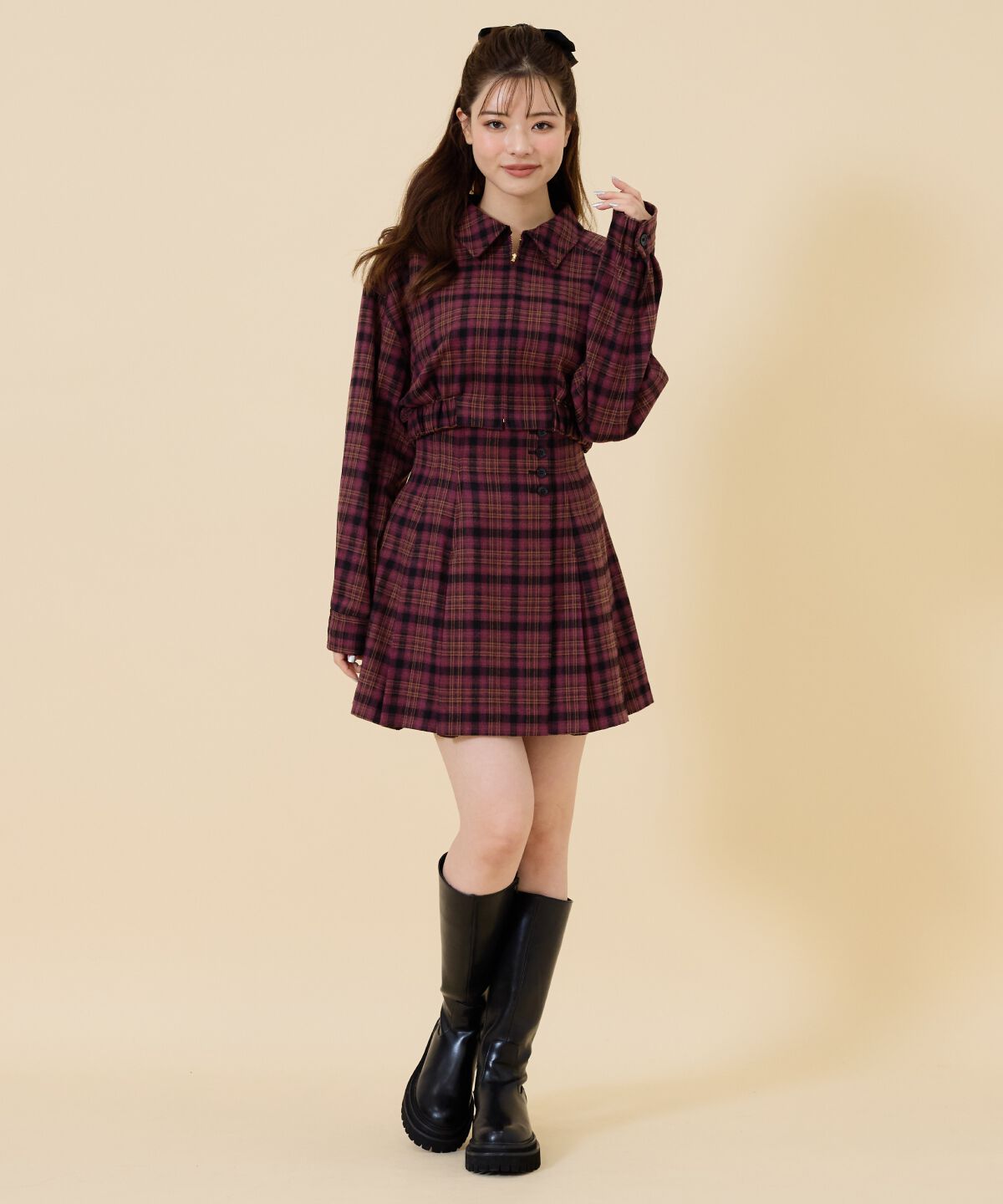 REDYAZEL「ハイウエストチェックミニスカート」|フレア|