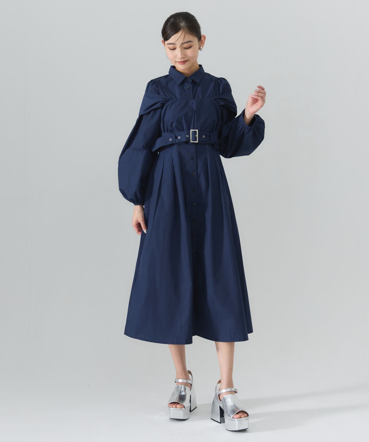 REDYAZEL「タックシャツワンピース」|ワンピース|ネイビー