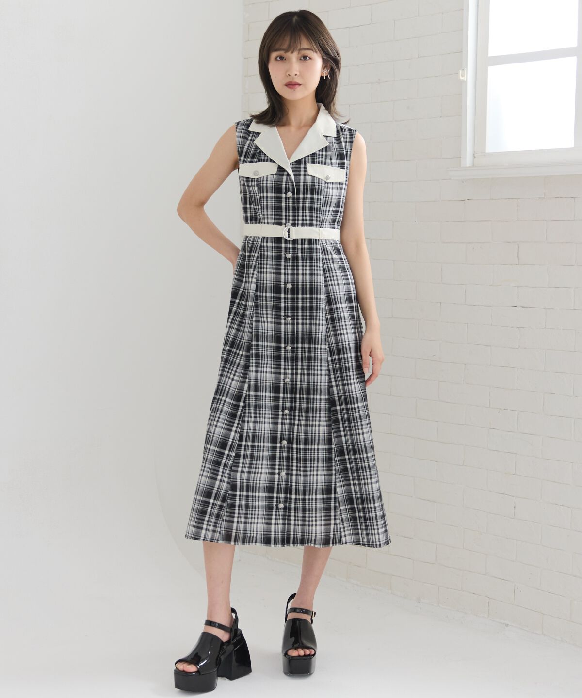 REDYAZEL「バイカラーチェックノースリーブシャツワンピース」|ワンピース|ブラック