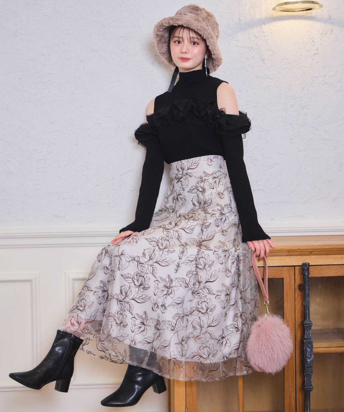 WILLSELECTION「ラインフラワー刺繍スカート」|フレア|