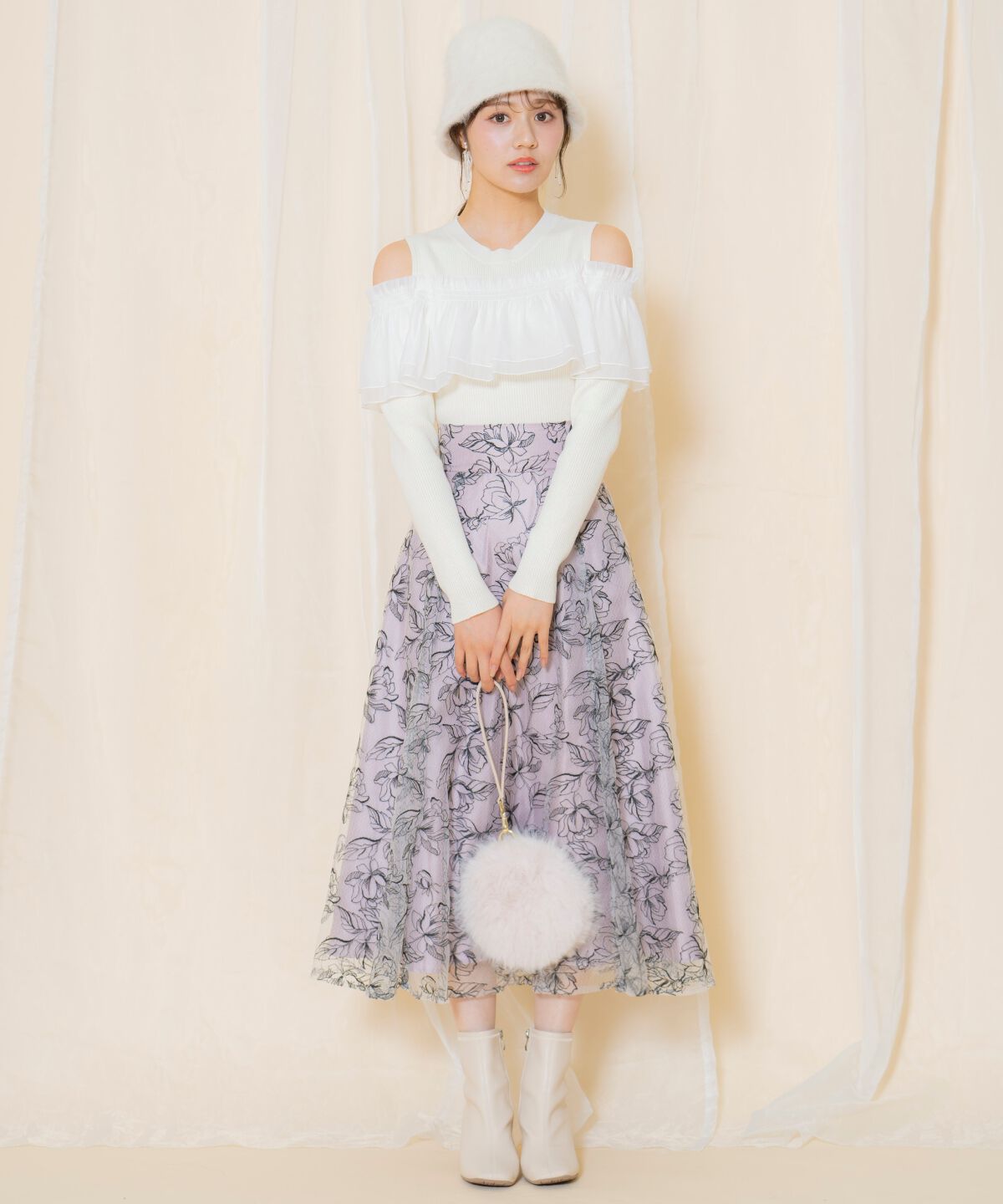 WILLSELECTION「ラインフラワー刺繍スカート」|フレア|