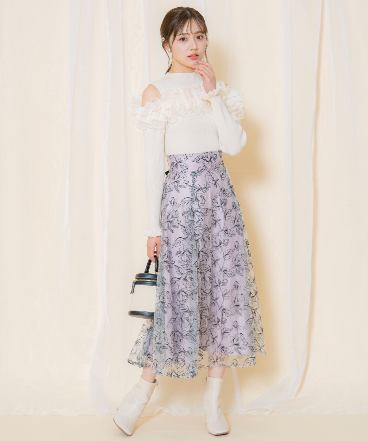 WILLSELECTION「ラインフラワー刺繍スカート」|フレア|