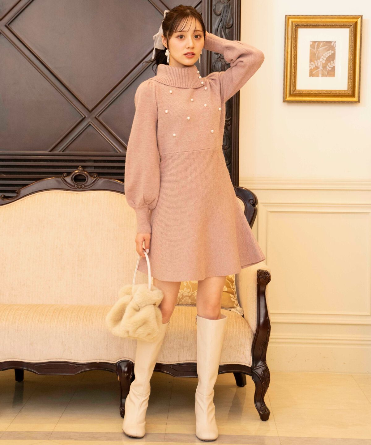 WILLSELECTION「パール付きタートルネックニットワンピース」|ワンピース|