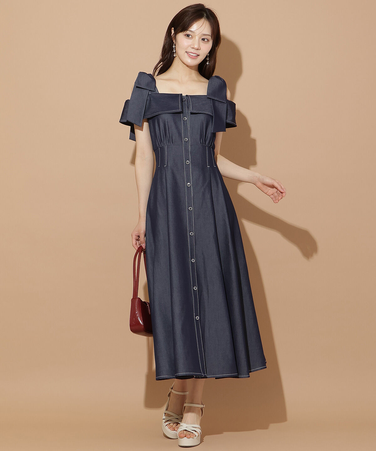 WILLSELECTION「リボンストラップオフショルシャツワンピース」|ワンピース|ネイビー