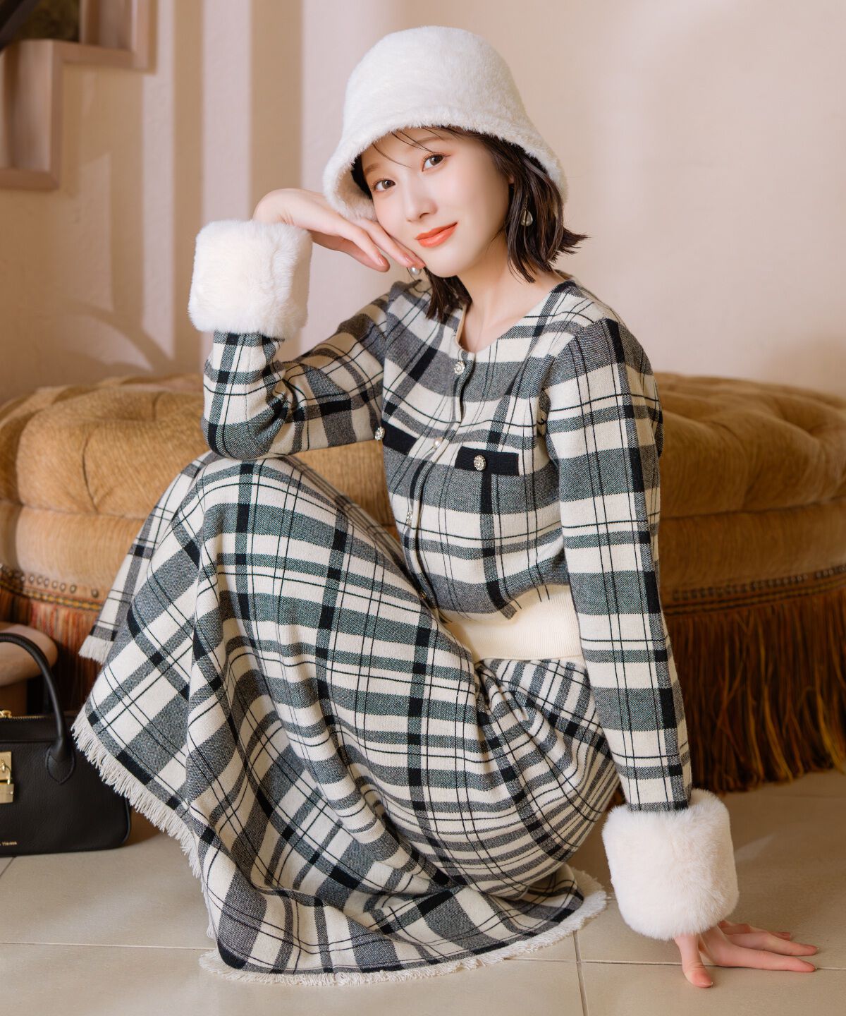 WILLSELECTION「チェック柄ファーカフスカーディガン」|カーディガン|