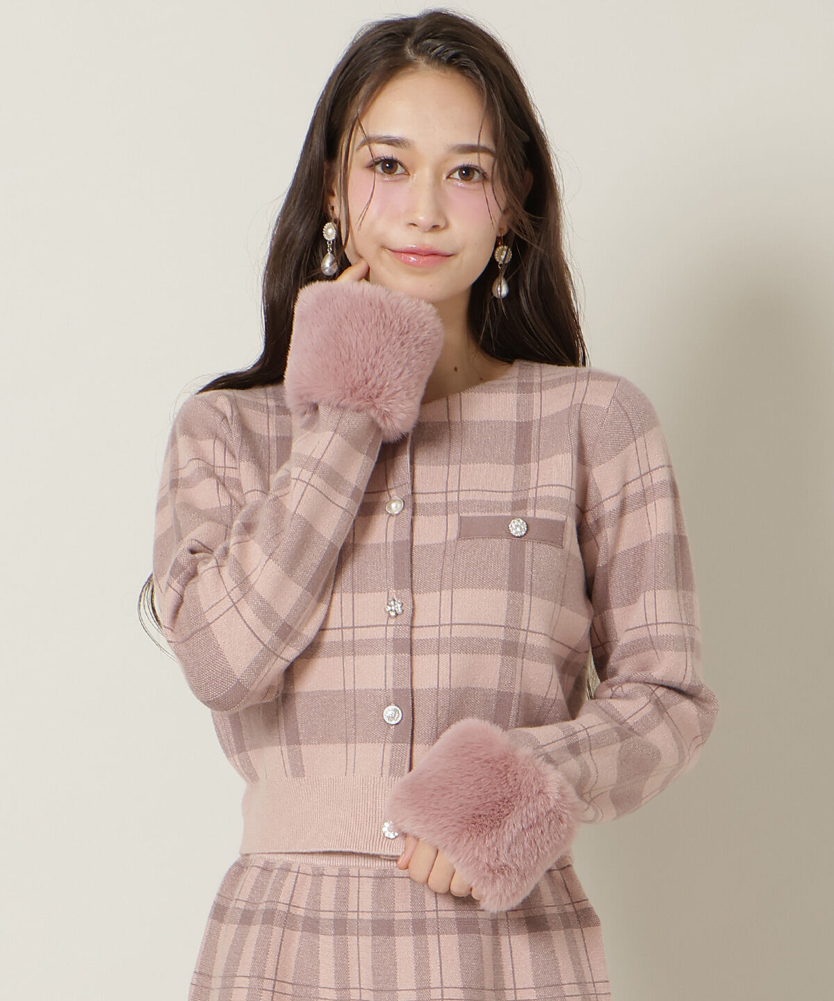 WILLSELECTION「チェック柄ファーカフスカーディガン」|カーディガン|