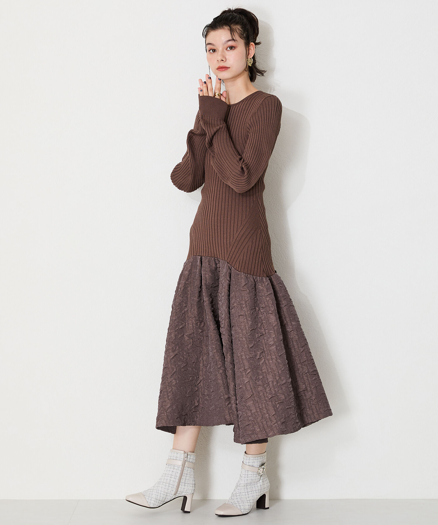 ORiental TRaffic「●2024秋冬新作●ビジューバックルツイードヒールブーツ/41419」|ショートブーツ|