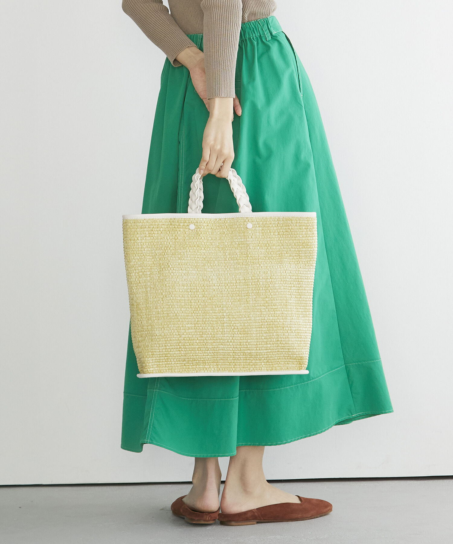 TOPKAPI TREASURE「【TREASURE TOPKAPI】 ジュート 三つ編み ハンドル ショルダー付き トートバッグ」|トートバッグ|ライムグリーン