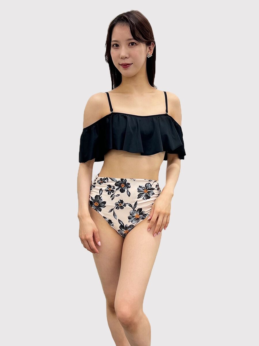 PEAK&PINE「無地&times;レトロフラワーオフショルダービキニ」|ビキニ|