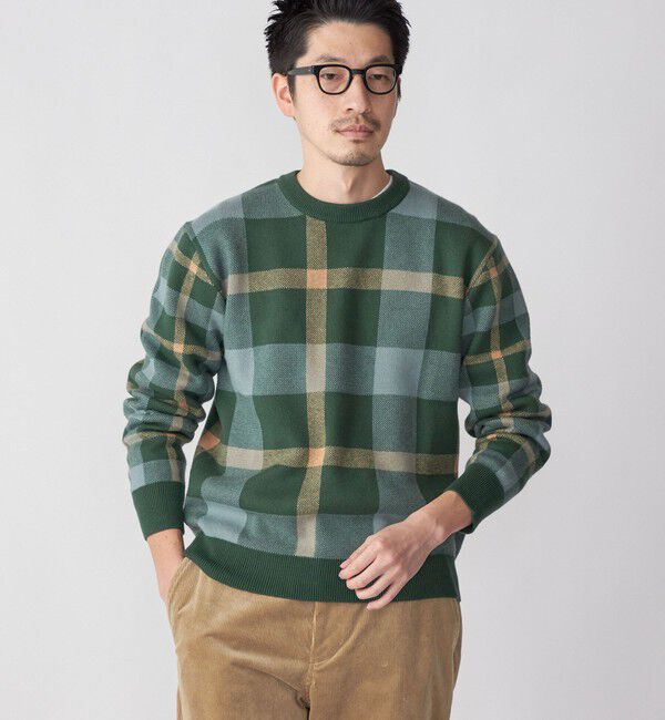 SHIPS「SHIPS:〈手洗い可能〉コットン カシミヤ チェック クルーネックニット」|ニット・セーター|グリーン
