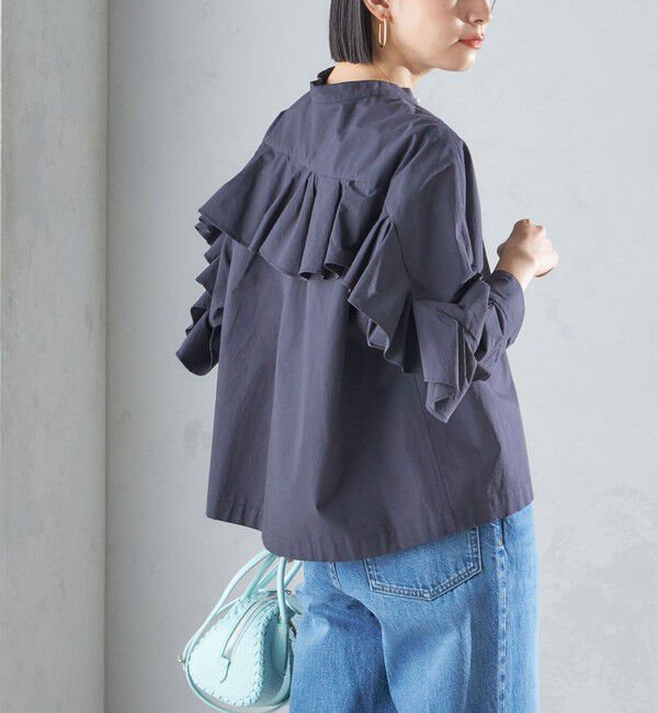 SHIPS for women「〈手洗い可能〉近江晒 タイプライター ラッフル ブラウス 24SS ◇」|シャツ・ブラウス|ネイビー