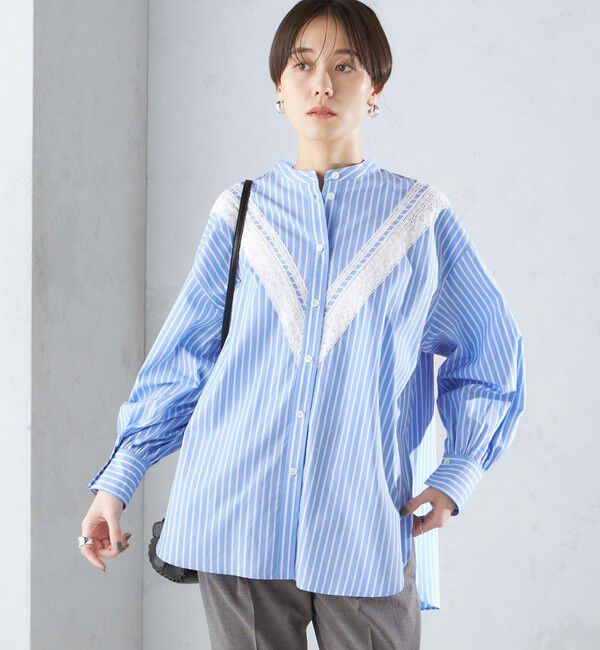 SHIPS for women「〈洗濯機可能〉レース 切替 ストライプ シャツ」|シャツ・ブラウス|