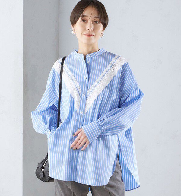 SHIPS for women「〈洗濯機可能〉レース 切替 ストライプ シャツ」|シャツ・ブラウス|