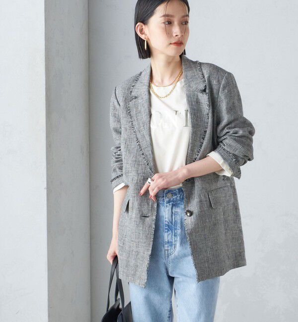 SHIPS for women「〈手洗い可能〉チェック / 無地 フリンジ ボクシー ジャケット」|テーラードジャケット|ブラック