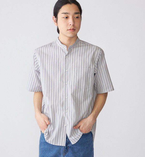 SHIPS「SHIPS: ハイカウント スーピマコットン バンドカラー ショートスリーブ シャツ」|シャツ・ブラウス|ライトグレー