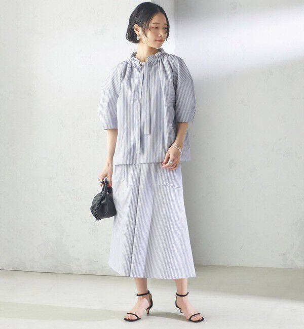 SHIPS for women「〈手洗い可能〉ストライプ フリル ネック リボン 半袖 ブラウス」|シャツ・ブラウス|