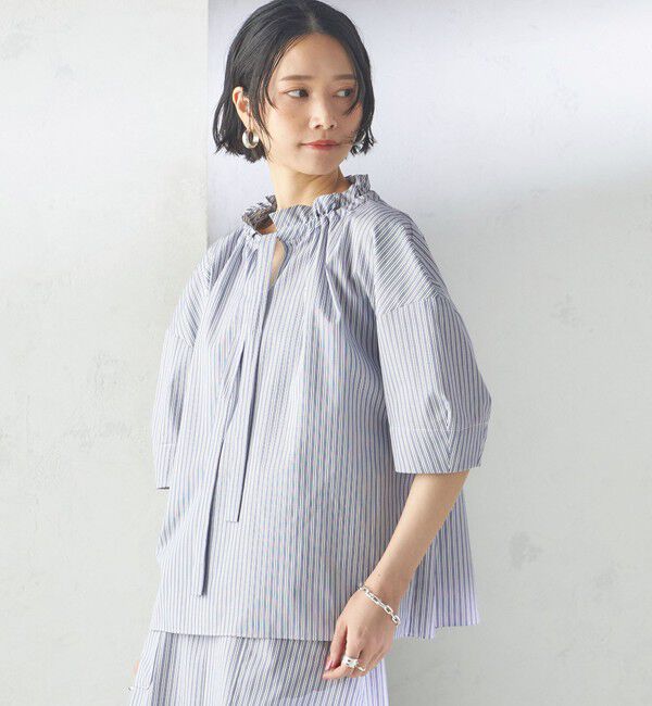 SHIPS for women「〈手洗い可能〉ストライプ フリル ネック リボン 半袖 ブラウス」|シャツ・ブラウス|