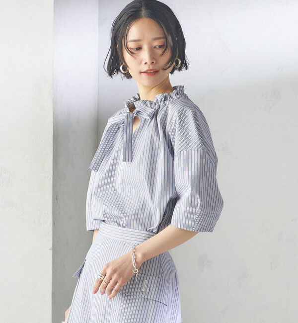 SHIPS for women「〈手洗い可能〉ストライプ フリル ネック リボン 半袖 ブラウス」|シャツ・ブラウス|