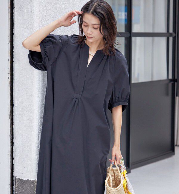 SHIPS for women「〈接触冷感 / 撥水加工〉TEX BRID(R)タフタ ギャザー ワンピース」|ワンピース|ネイビー