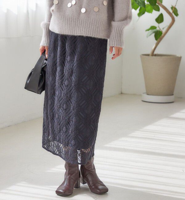 SHIPS for women「〈手洗い可能〉ラッセル レース ウエスト ギャザー タイト スカート」|スカート|ネイビー