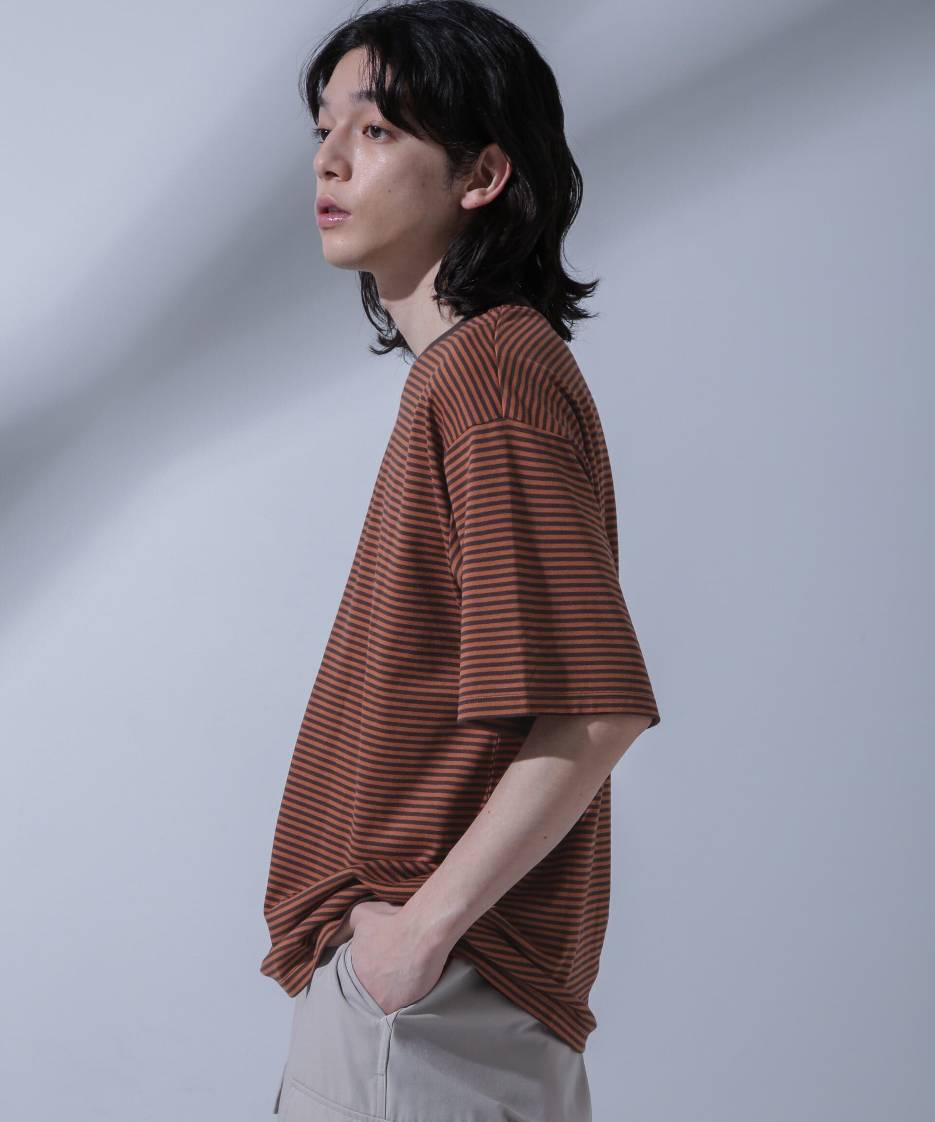 nano･universe「Anti Soaked(R)  汗染み防止 ボーダークルーネックTシャツ」|Tシャツ・カットソー|ブラウン