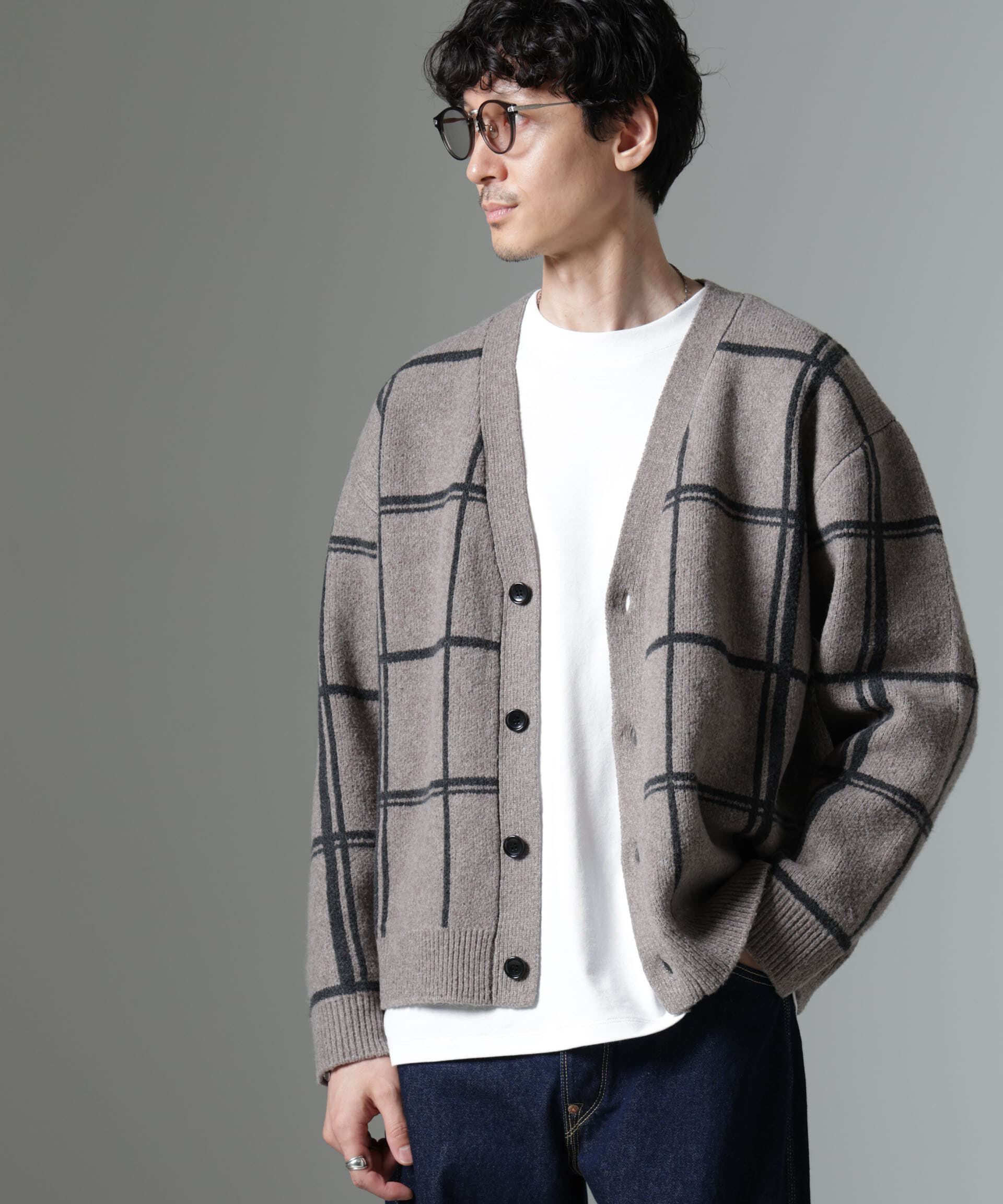 nano･universe「ビッグチェックニットカーディガン」|ニット・セーター|ベージュ