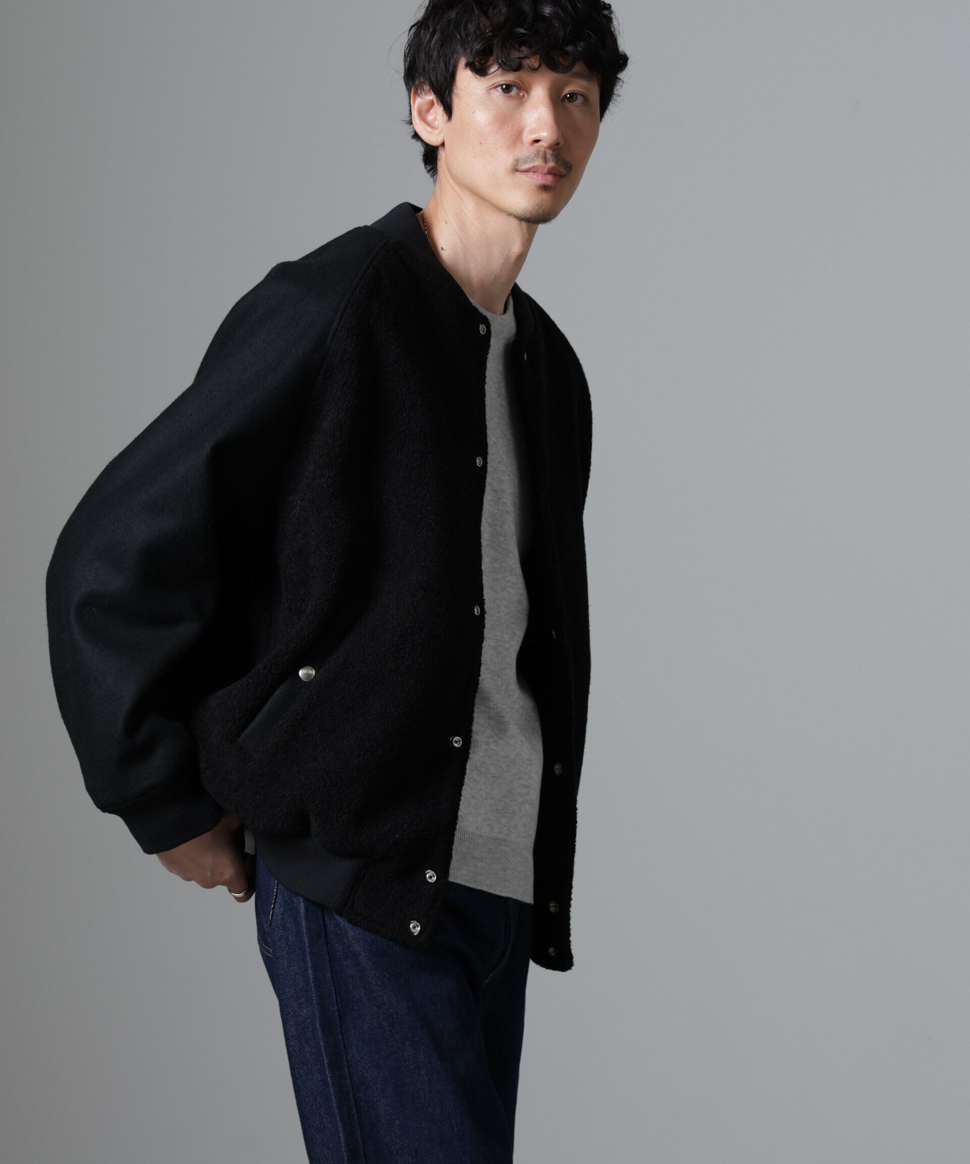 nano･universe「ブークレーパネルバーシティージャケット」|ブルゾン・スタジャン|