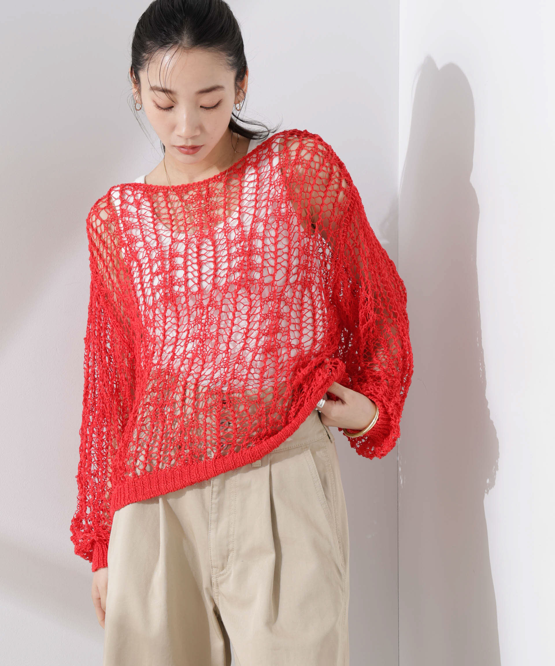 nano･universe「テープヤーンメッシュニットトップス」|ニット・セーター|レッド