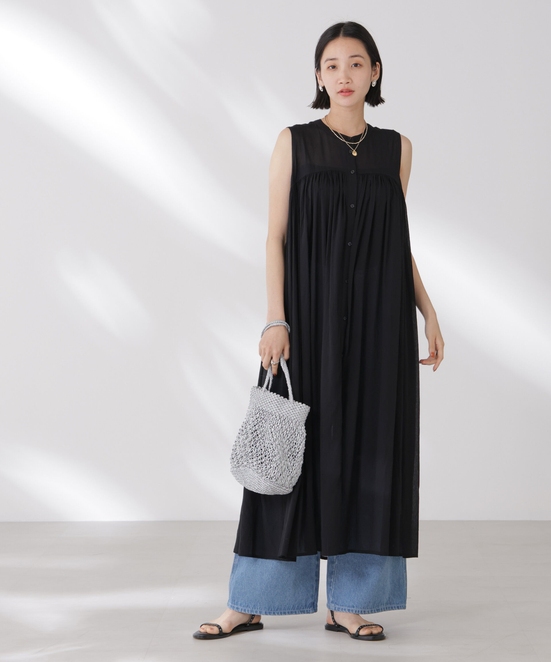 nano･universe「ギャザー切り替えノースリーブシアーワンピース」|ワンピース|