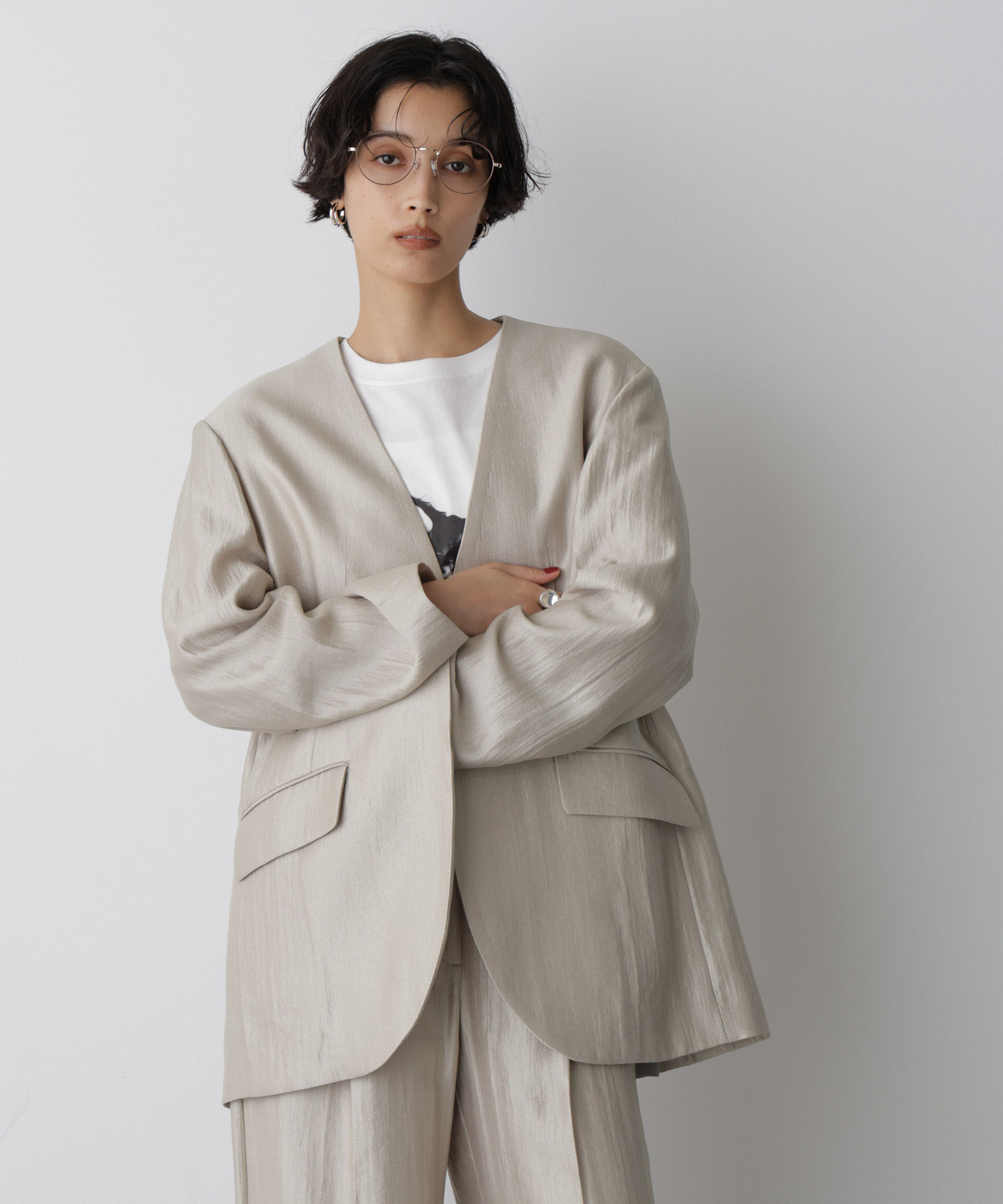 nano･universe「「STEVELOUR」サテンノーカラージャケット(セットアップ可)」|テーラードジャケット|