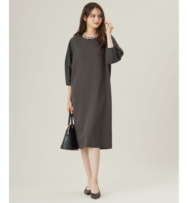 自由区「【洗える】パールディティールニット ワンピース」|ワンピース|ダークグレー